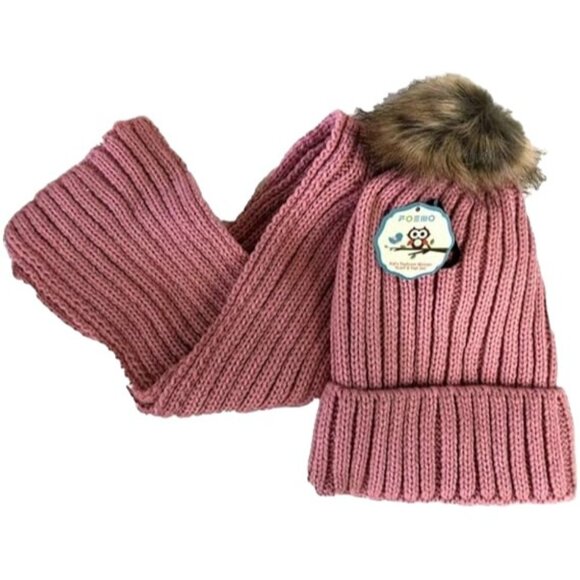 Kid's Winter Knitted Pom Beanie Scarf and Hat Set - Pink - Picture 1 of 1